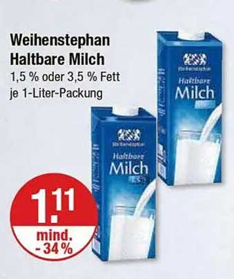 Weihenstephan Haltbare Milch 1,5 % oder 3,5 % Fett je 1-Liter-Packung