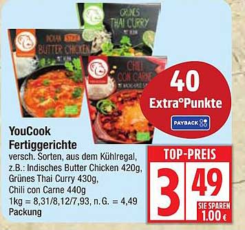 YouCook Fertiggerichte - Indisches Butter Chicken, Grünes Thai Curry und Chili con Carne