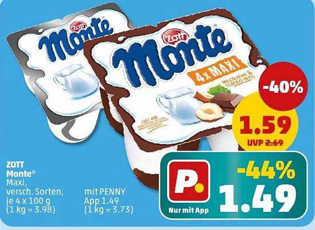 Zott Monte Maxi – Verschiedene Sorten, 4 x 100 g