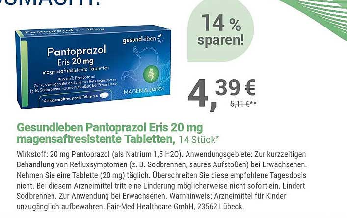 Gesundleben Pantoprazol Eris 20 mg magensaftresistente Tabletten, 14 Stück*