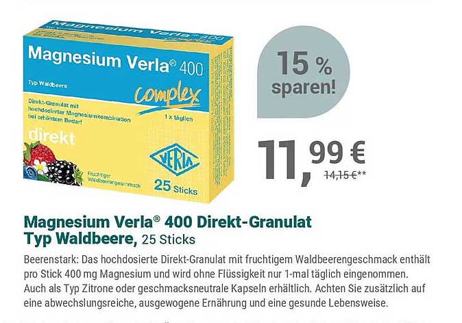 Magnesium Verla® 400 Direkt-Granulat Typ Waldbeere, 25 Sticks