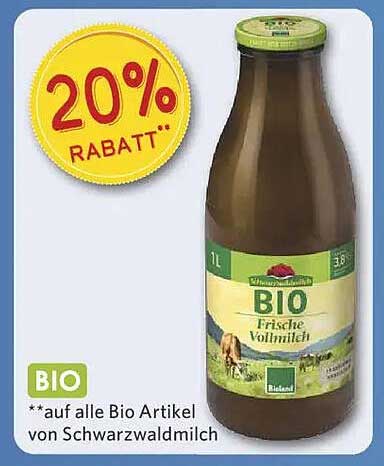 20% Rabatt auf Bio Frische Vollmilch von Schwarzwaldmilch