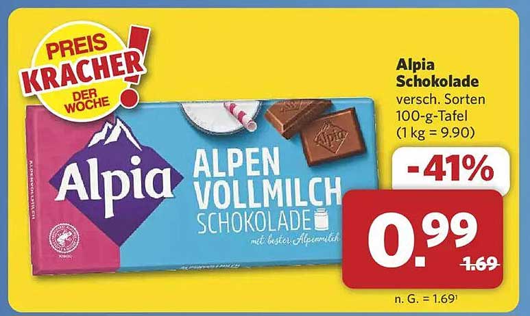 Alpia Alpen Vollmilch Schokolade 100-g-Tafel