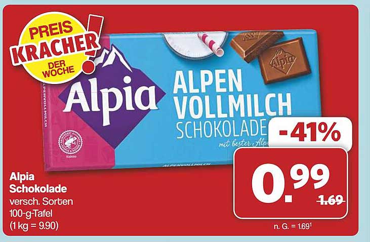 Alpia Alpen Vollmilch Schokolade 100-g-Tafel