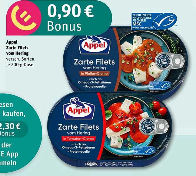 Appel Zarte Filets vom Hering in Pfeffer-Creme und Tomaten-Creme, je 200-g-Dose