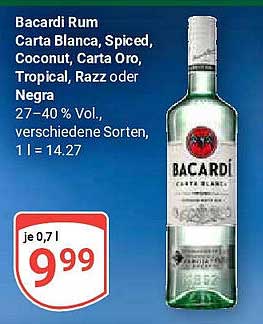 Bacardi Rum Carta Blanca, Spiced, Coconut, Carta Oro, Tropical, Razz oder Negra