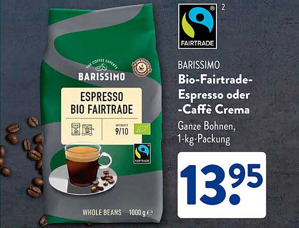 BARISSIMO Bio-Fairtrade-Espresso oder -Caffè Crema, Ganze Bohnen, 1-kg-Packung