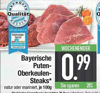 Bayerische Puten-Oberkeulen-Steaks* natur oder mariniert, je 100g