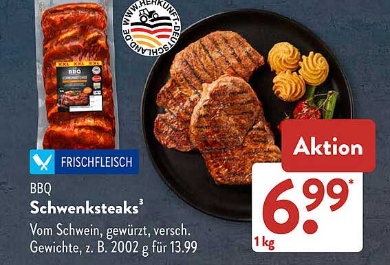 BBQ Schwenksteaks vom Schwein, gewürzt, versch. Gewicht