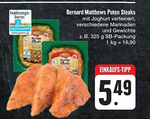 Bernard Matthews Puten Steaks mit Joghurt verfeinert, verschiedene Marinaden und Gewicht z.B. 325 g SB-Packung