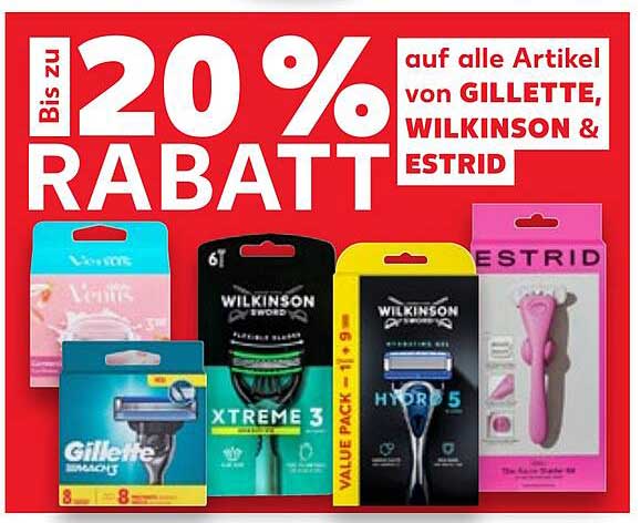 Bis zu 20% Rabatt auf alle Artikel von GILLETTE, WILKINSON & ESTRID