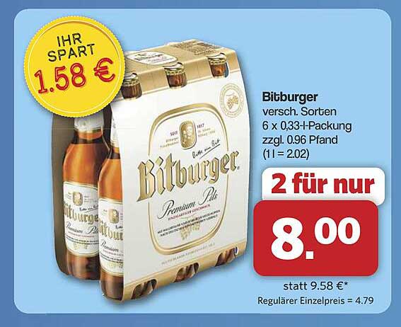 Bitburger Bier 6 x 0,33 l - 2 für nur 8,00 €