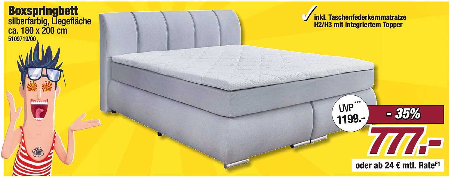 Boxspringbett silberfarbig, Liegefläche ca. 180 x 200 cm