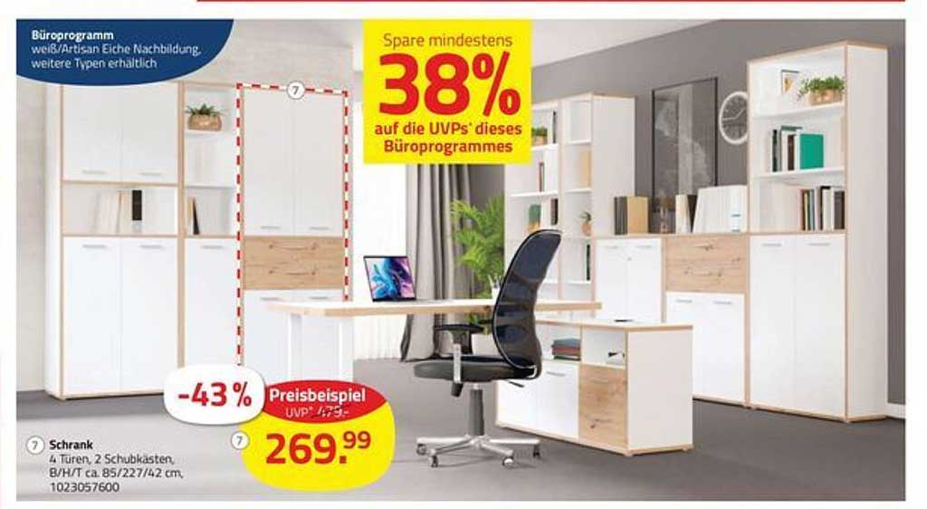 Büroprogramm weiß/Artisan Eiche Nachbildung, 4 Türen, 2 Schubladen, B/H/T ca. 85/227/42 cm