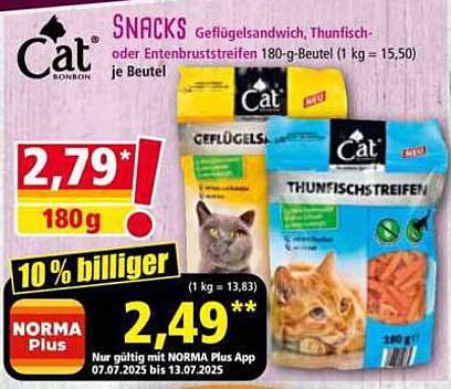 Cat Snacks - Geflügelsandwich, Thunfisch- oder Entenbruststreifen 180-g-Beutel
