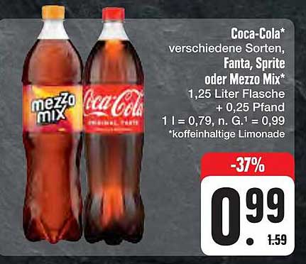 Coca-Cola*, verschiedene Sorten, Fanta, Sprite oder Mezzo Mix* 1,25 Liter Flasche