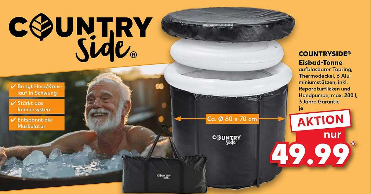 COUNTRYSIDE® Eisbad-Tonne mit aufblasbarem Topring und Thermodeckel