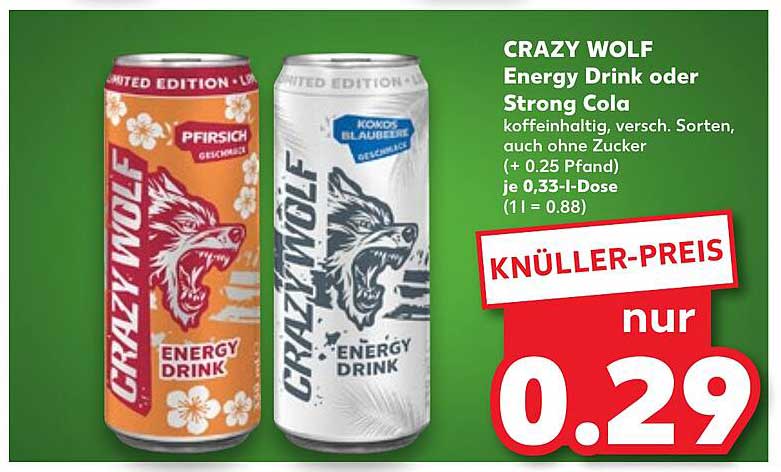 CRAZY WOLF Energy Drink oder Strong Cola