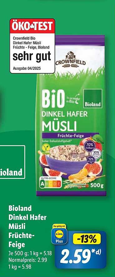 Crownfield Bio Dinkel Hafer Müsli Früchte - Feige, Bioland