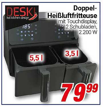 Doppel-Heißluftfritteuse mit Touchdisplay, 2 Schubladen, 2.200 W