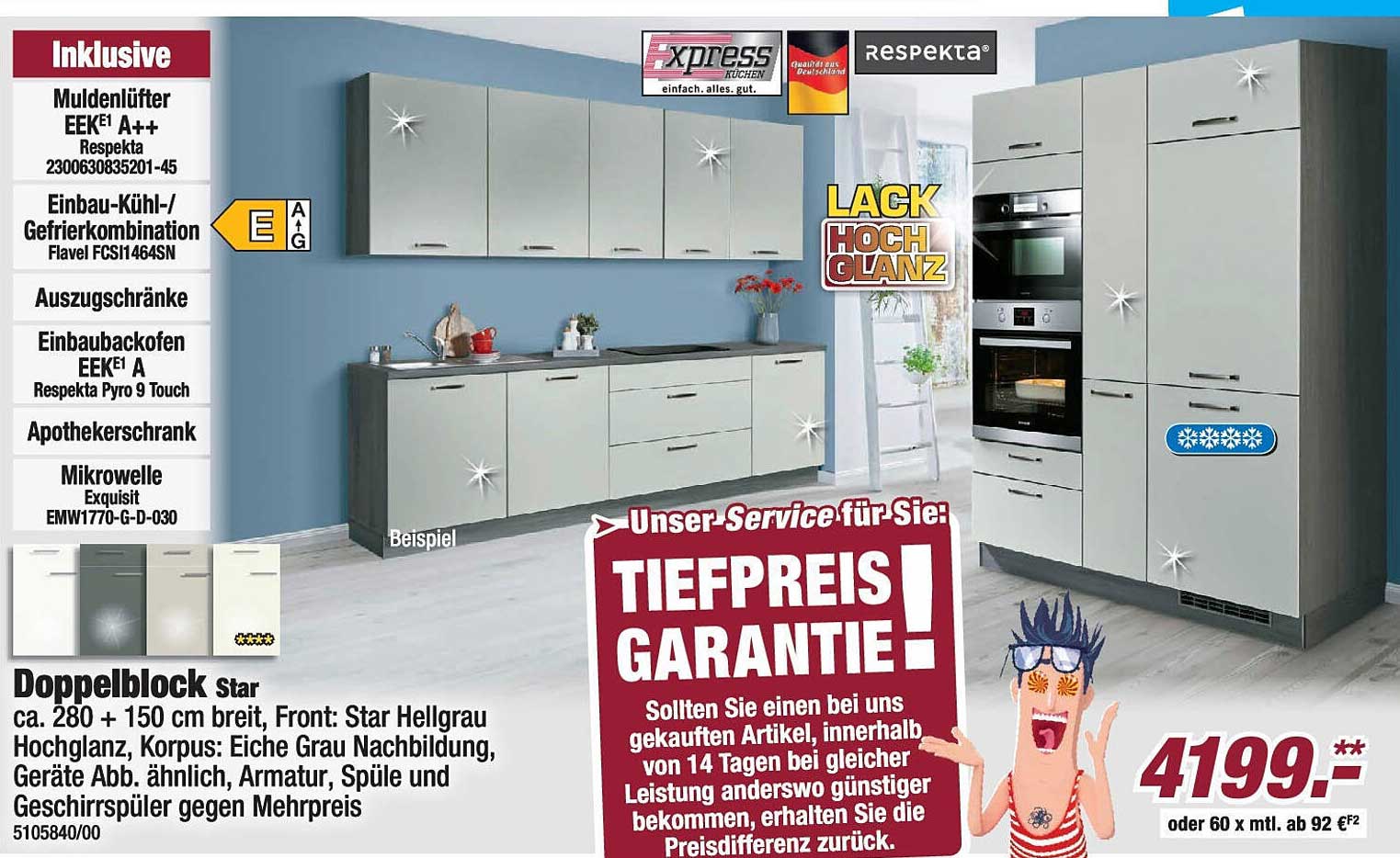 Doppelblock Star mit Einbau-Kühl-/Gefrierkombination - Star Hellgrau