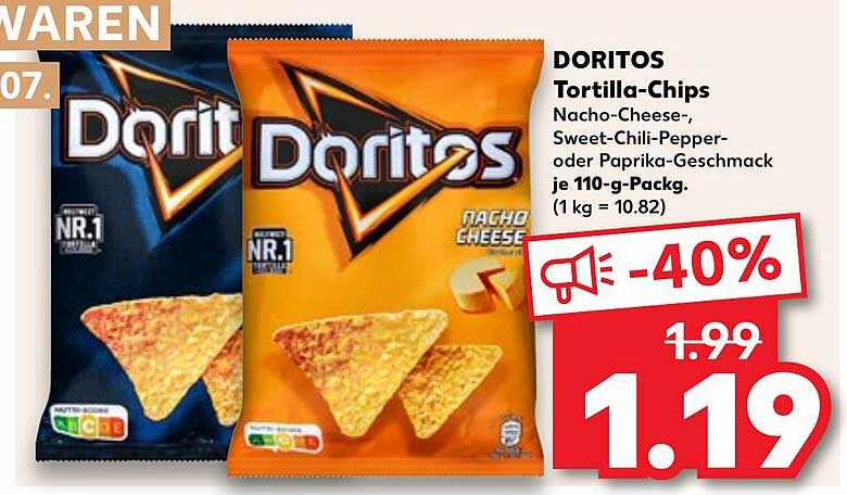 DORITOS Tortilla-Chips Nacho-Cheese-, Sweet-Chili-Pepper- oder Paprika-Geschmack je 110-g-Pack.
