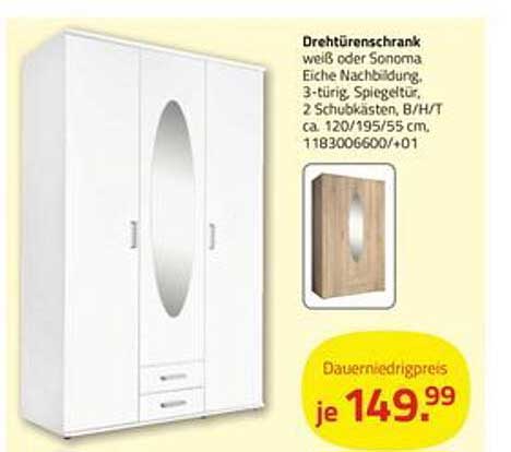 Drehtürenschrank weiß oder Sonoma Eiche Nachbildung, 3-türig, Spiegeltür, 2 Schubkästen