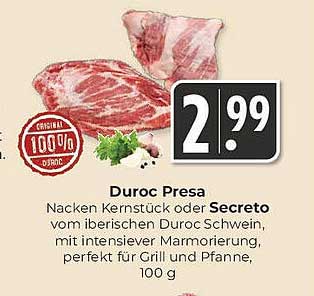 Duroc Presa Nacken Kernstück oder Secreto vom iberischen Duroc Schwein, perfekt für Grill und Pfanne, 100 g