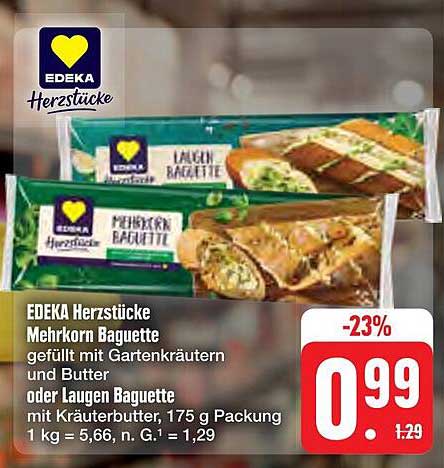 EDEKA Herzstücke Mehrkorn Baguette gefüllt mit Kräuterbutter und Laugen Baguette