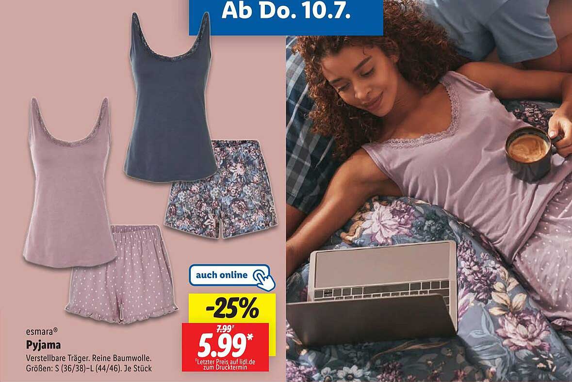 esmarà® Pyjama - 2-teiliges Set mit verstellbaren Trägern und reiner Baumwolle