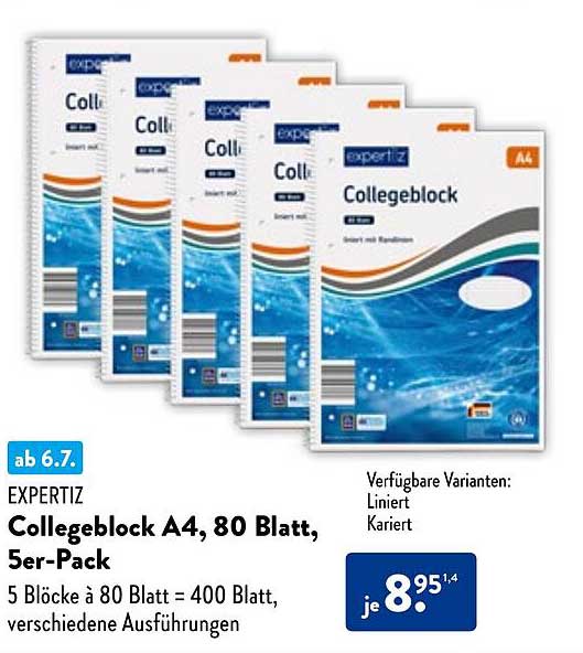 EXPERTIZ Collegeblock A4, 80 Blatt, 5er-Pack