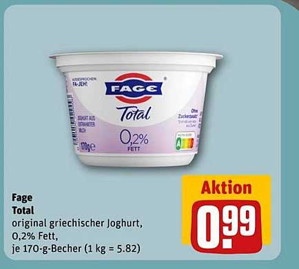 Fage Total original griechischer Joghurt, 0,2% Fett, je 170-g-Becher
