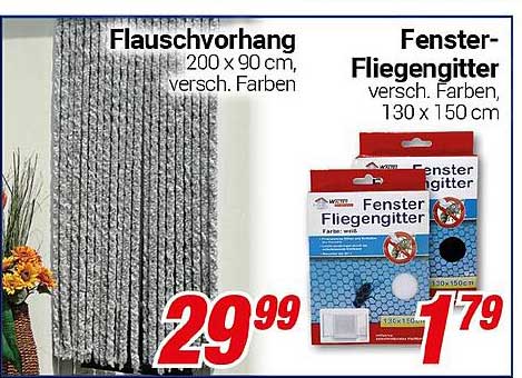 Flauschvorhang 200 x 90 cm, verschiedene Farben und Fenster-Fliegengitter 130 x 150 cm, verschiedene Farben