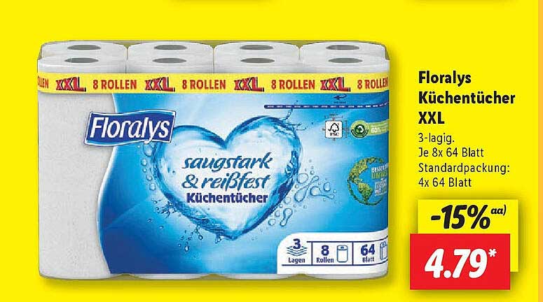 Floralys Küchentücher XXL 3-lagig, 8 Rollen je 64 Blatt