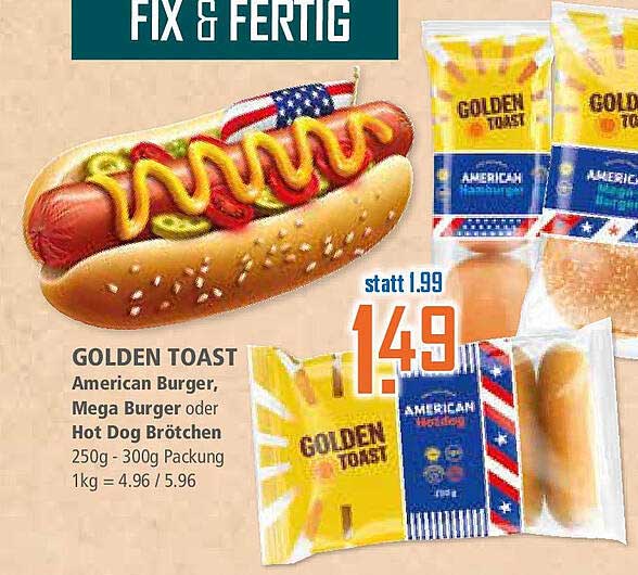 GOLDEN TOAST American Burger, Mega Burger oder Hot Dog Brötchen 250g-300g