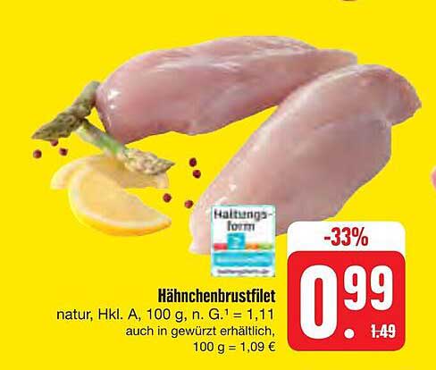 Hähnchenbrustfilet (natur, Hkl. A, 100 g, n. G.)