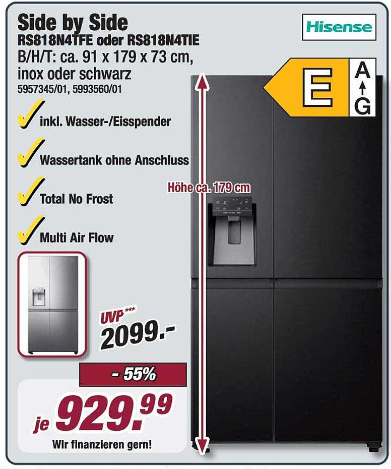 Hisense Side by Side Kühlschrank RS818N4TFE oder RS818N4TIE - Jetzt für 929,99 €