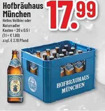 Hofbräuhaus München Helles Vollbier oder NaturRadler Kasten 20 x 0,5 l