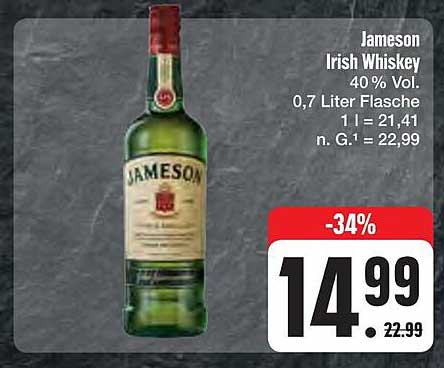 Jameson Irish Whiskey 0,7 Liter für nur 14,99 €