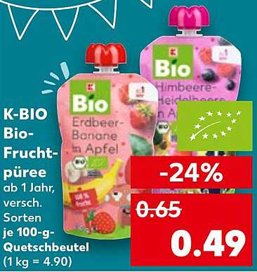 K-BIO Bio-Fruchtpüree Erdbeer-Banane und Himbeer-Heidelbeere