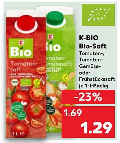 K-BIO Bio-Saft, Tomaten-, Tomaten-Gemüse- oder Frühstückssaft je 1-L-Packung