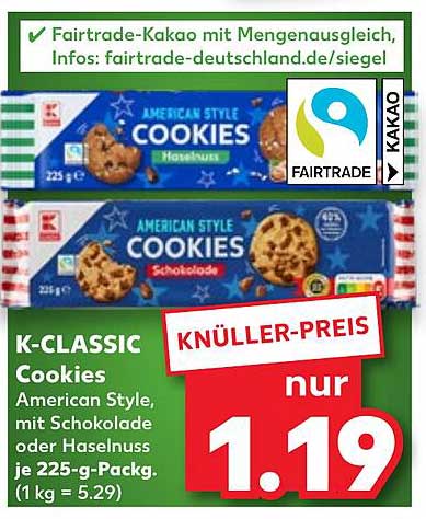 K-CLASSIC Cookies American Style mit Schokolade oder Haselnuss 225-g-Packung
