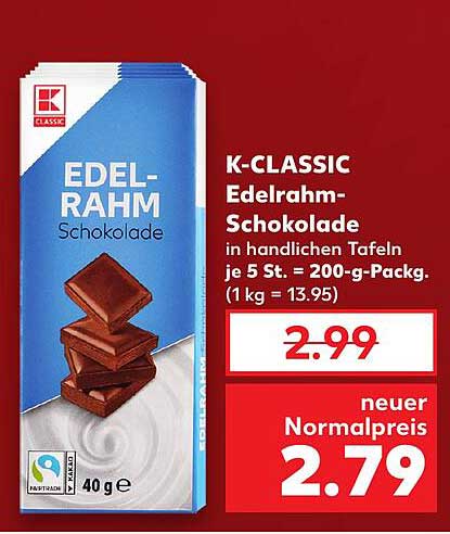 K-CLASSIC Edelrahm-Schokolade - 5 Stück zum Vorteilspreis