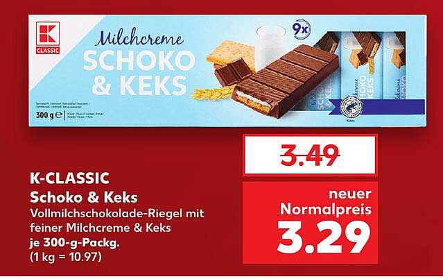 K-CLASSIC Schoko & Keks Vollmilfschokoladen-Riegel