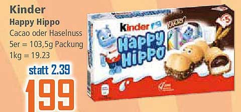 Kinder Happy Hippo Cacao oder Haselnuss 5er Packung