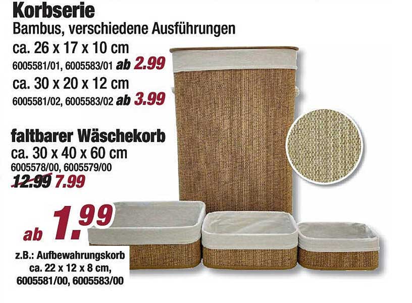 Korbserie aus Bambus - verschiedene Ausführungen und faltbarer Wäschekorb