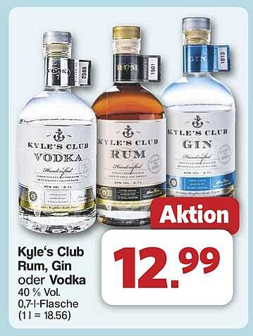Kyle's Club Rum, Gin oder Vodka 0,7 l für nur 12,99 €