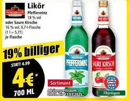 Likör Pfefferminz oder Saure Kirsche 700ml