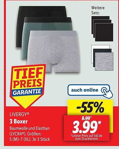 LIVERGY® 3 Boxer - Baumwolle und Elasthan (LYCRA®) für optimalen Tragekomfort