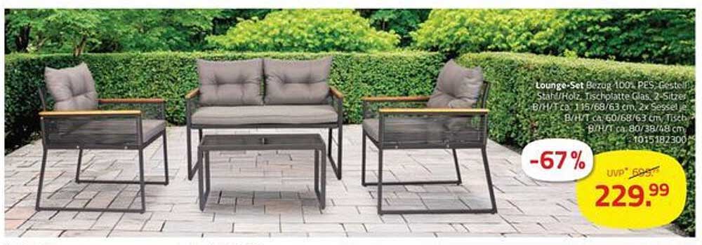 Lounge-Set Bezug 100%, PES, Gestell Stahl/Holz, Tischplatte Glas, 2-Sitzer